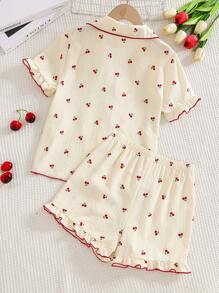 Ensemble pyjama pour jeunes filles, imprimé cerise avec volants, manches courtes élégantes et short 2 pièces, ensemble de vêtements de détente