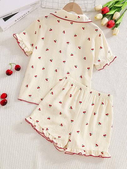 Genkimix Kids Tween Girls Pajamas Set, Cherry Print Ruffle Elegant Short Sleeve & Shorts 2 Pieces Loungewear Set