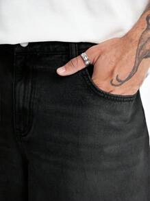 PAVTROS 男士口袋毛边宽松休闲牛仔短裤空白款，emo 风格 - 黑色 - 查看 5