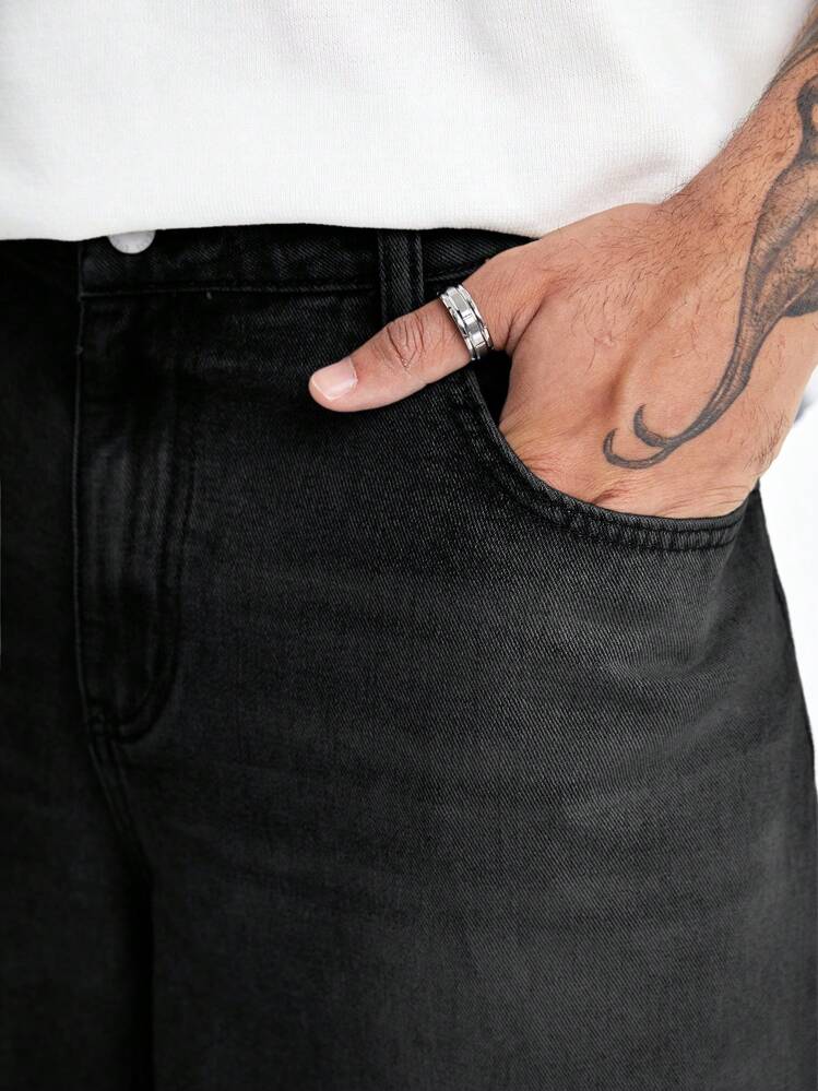 PAVTROS 男士口袋毛边宽松休闲牛仔短裤空白款，emo 风格 - 黑色 - 查看 5