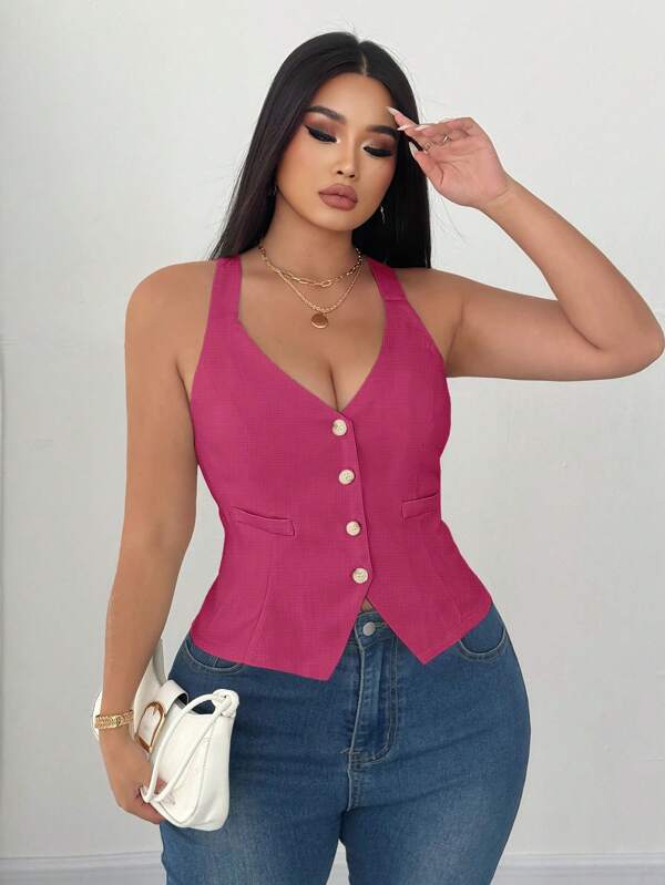 Elenzga Top de tirantes de talla grande para mujer con cintura ceñida y unicolor