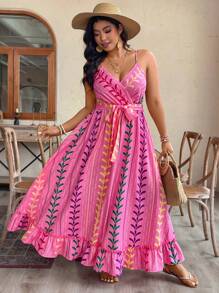 Breezaya Plus Size Print Cinched Waist Sleeveless Maxi Dress, Casual Vacation Summer Style