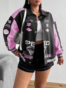 POPSWAY 大码女式炫酷粉色拼布夹克 - 珊瑚粉 - 查看 4