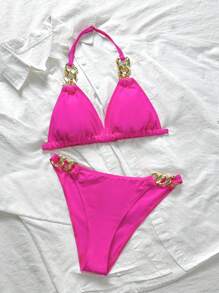 SHEIN Teen Girl Fuchsia Metallic Decor Fashion Tankini Swimwear Set For Summer Vacation - Hot Pink - View 6