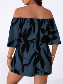 SHEIN LUNE 大码女式休闲印花露肩连体裤 - 藍色 - 查看 2