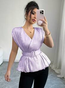Elenzga Women's Elegant Casual Holiday Commute Valentine's Day Plain Shimmery Metallic Fabric Crossover Peplum Top With Ruched Shoulders, Day-Style Buckle, And Self-Tie Belt, Cropped Length, Spring/Summer - Mauve Purple - View 3
