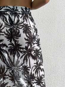 Swim Vcay 1 件女式长袖雪纺印花沙滩罩衫，黑白棕榈树图案，夏季 - 黑與白 - 查看 3