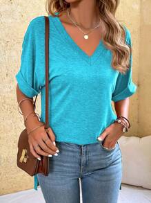 SHEIN LUNE Casual Solid Color Batwing Sleeve Side Slit T-Shirt, Spring/Summer - Blue - View 3