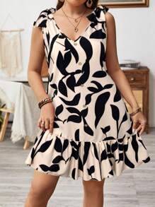 SHEIN LUNE Vestido corto de verano con cuello en V, sin mangas, con dobladillo con volantes y estampado de plantas, con decoración de lazo en los hombros, talla grande