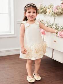 可爱优雅的杏色花朵蝴蝶结无袖女婴连衣裙 - 杏色 - 查看 3