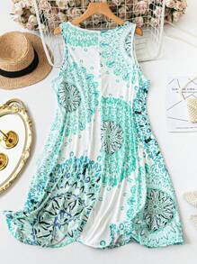 Plus Size Sleeveless Allover Print Casual Vacation Midi Dress - Mint Green - View 2