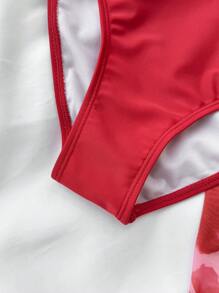SHEIN Bộ 3 món cho bé gái tuổi teen, gồm áo bikini dệt kim màu trơn và chân váy mini in họa tiết hoa, trang phục đi nghỉ và đi biển - Đỏ - Xem 8