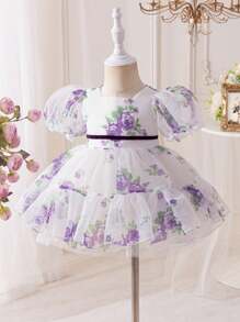 SHEIN Glamorique Kids Baby Girls' Organza Print Dress Purple Short Sleeve Puff Skirt, Children Easter Party Dress Chiffon Satin Flower Infant Princess Gown, Elegant Occasion Baby Girl Dresses Princess Baby Dress Baby Elegant Dress Party Dress For Baby