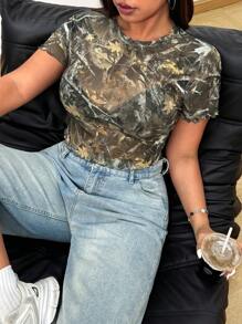 SHEIN EZwear Plus Size Women Translucent Round Neck Short Sleeve Printed Blouse - Multicolor - View 5