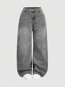 SHEIN MOD Plus Size Low Waist Loose Wide Leg Blue Jeans,Stacked Women Jeans,Women Mom Jeans,Vintage Bootcut Women Jeans