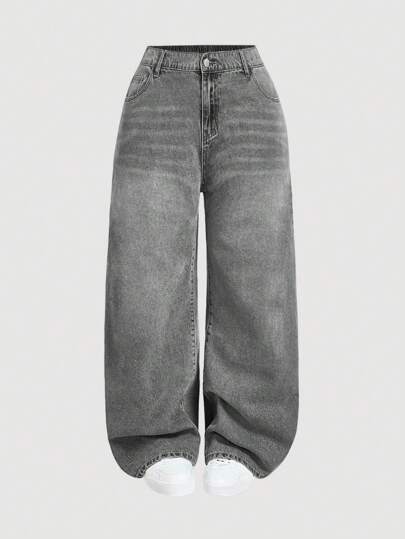 SHEIN MOD Plus Size Low Waist Loose Wide Leg Blue Jeans,Stacked Women Jeans,Women Mom Jeans,Vintage Bootcut Women Jeans