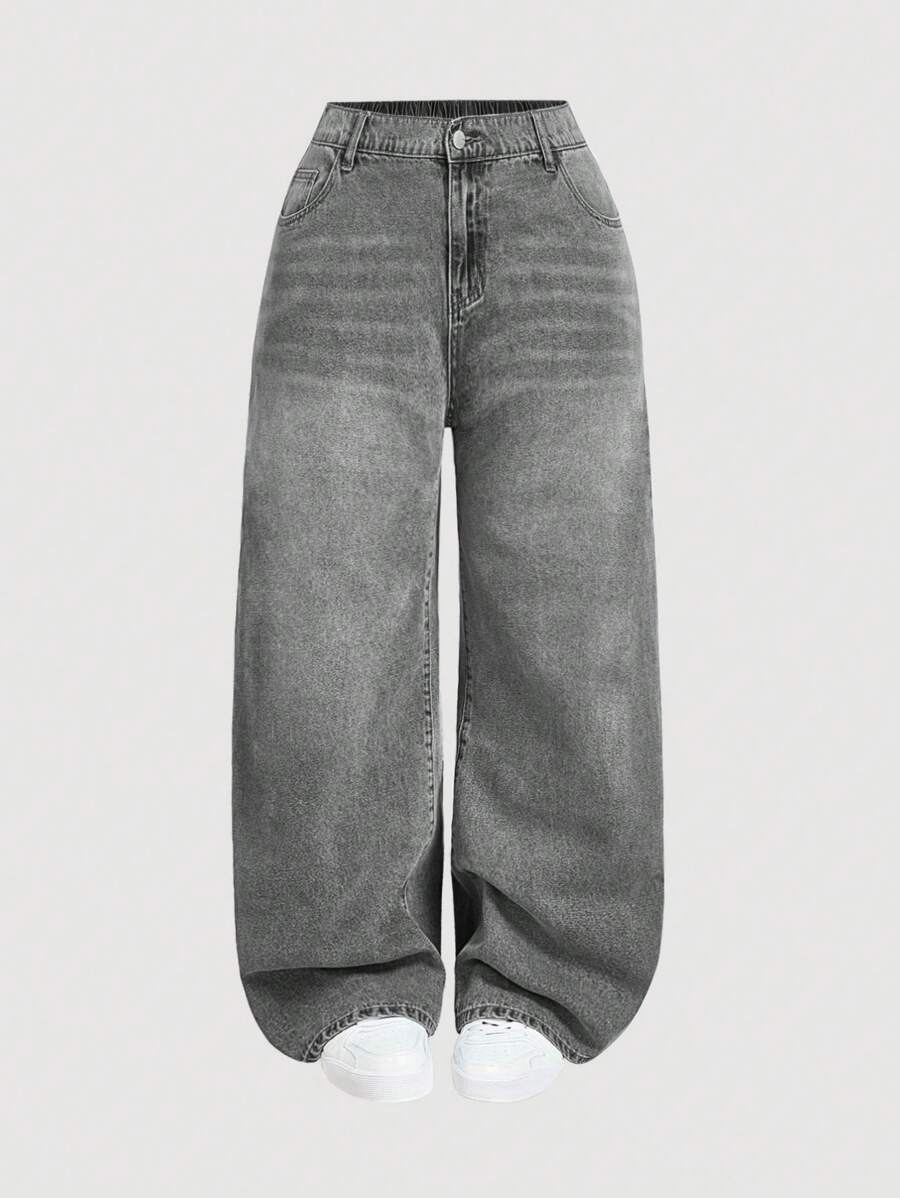 SHEIN MOD Plus Size Low Waist Loose Wide Leg Blue Jeans,Stacked Women Jeans,Women Mom Jeans,Vintage Bootcut Women Jeans