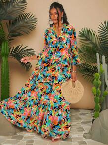 Travachic Gaun Pantai Tenun Motif Tropis dengan Hiasan Ruffle pada Garis Leher Asimetris, Lengan, dan Bagian Bawah - Hijau - View 3