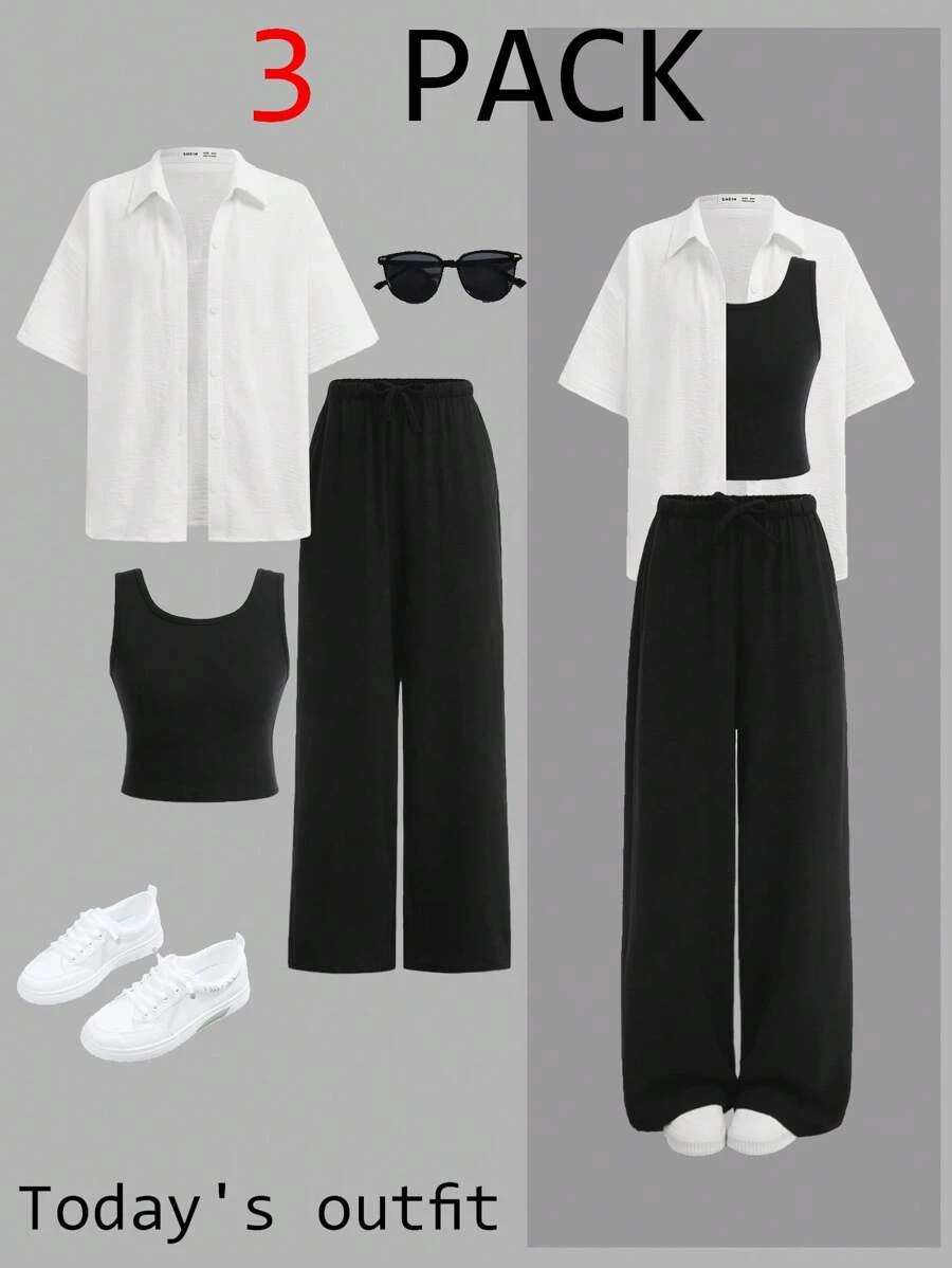 Conjunto de 3 piezas para niñas preadolescentes: Camisa de manga corta holgada, top sin mangas y pantalones acampanados, atuendo casual