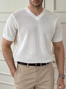 DAZY Men's V-Neck White Ribbed Knit Sweater, Summer - White - View 8