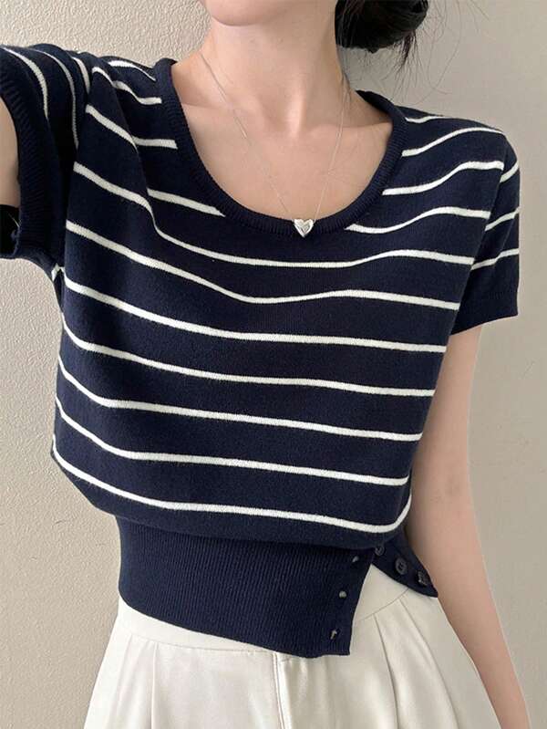 DAZY Short Striped Crew Neck Short Knit Top For Women