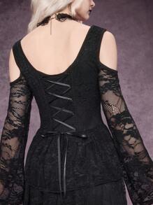 ROMWE Summer Clothes  Graduation Dress Gothic Style Embroidered Floral Lace Button & Ruffle Trim Black Midi Dress For Women - Black - View 2