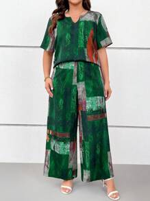 SHEIN LUNE 大码女式复古渐变色印花度假睡衣套装，含短款 V 领上衣和长裤，春夏