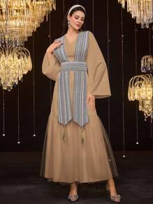 Al Najma Elegant Women's Arabic Stitching Knit Splice Dress, Modest - Camel - View 3