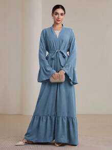 Graceveil 女士纯色长袖简约百褶宽松阿拉伯长袍，端庄长袍 - 藍色 - 查看 5