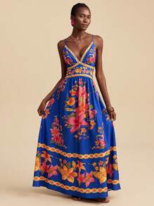 Travachic 女士 V 领印花连衣裙，夏季度假装 - 藏蓝色 - 查看 3