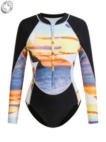 Innovista Women Activewear Zip Up Long Sleeve Hawaiian-Style Printing Athletic Onepieces Swimsuits, Breathable (Mesh Cut Out) & High Elastic / Fit Wetsuit,  ,Sculpting Bodysuit & Bathing Suit, One Piece Gym Dynamic Print Workout Outfits - Black - View 7