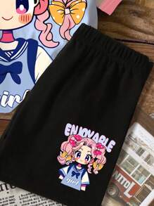 SHEIN 2 件装 Tween Girls 休闲可爱卡通女孩图案 T 恤和短裤套装，夏季 - 彩色 - 查看 5