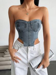 EURMUSE Asymmetric Hem Denim Tube Top, Fashionable For Summer - Medium Wash - View 2