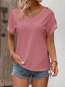 EMERY ROSE Camiseta informal de manga corta con cuello en V liso y decoración de botones, para verano - Rosa Oxidada - Ver 3