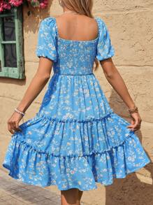Breezaya Floral Print Square Neck Ruffle Hem Short Sleeve Dress, Vacation Women Dresses Vacation Outfits For Women Summer Dresses For Women Vacation Summer Vacation Outfits Women Vacation Dresses Woman - Blue - View 2