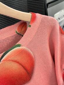 Chiquease Casual Peach Print Loose T-Shirt For Women - Pink - View 3