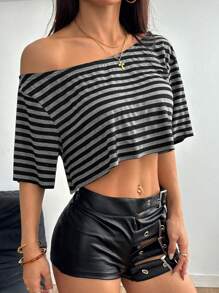 SHEIN ICON Summer Going Out Off The Shoulder Striped Asymmetrical Neck Short Sleeve Cropped T-Shirt - Grey - View 7