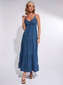 COSMINA 女士优雅节日牛仔吊带连衣裙，春夏