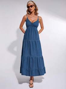 COSMINA 女士优雅节日牛仔吊带连衣裙，春夏