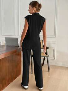 Siren Gaze Enkel pendlingskostym med knytning framtill, väst och byxor i 2 delar, sommar, affärsmässig kvinna i höst/vinter - Svart - Visa 2