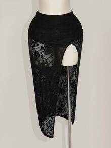 SHEIN ICON Plus Size Lace Ruched High Slit Skirt, Suitable For Music Festival And Party - Black - View 4