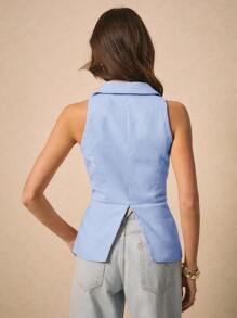 Poéselle Camisa de cuello en V de tela de lino, con aberturas abotonadas, simple y de moda, apta para banquetes de boda, viajes diarios, chalecos casuales y delgados sin mangas, tops cortos, estilo francés