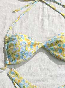 Swim Mod Ditsy Floral Twist Bikini Set, Minimalist & Fashionable, Suitable For Summer - Yellow - View 3