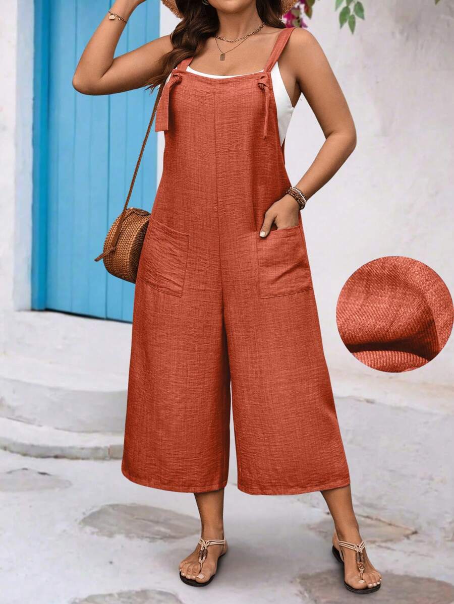 SHEIN LUNE Plus Size Drawstring Pocket Decor Straight Jumpsuit - Redwood - View 1