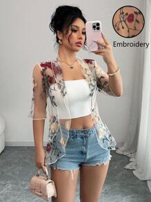 INAWLY Women's Elegant Floral Embroidered Mesh Ruffle Trim Short Sleeve Lightweight Cardigan, Summer - Clear - View 1