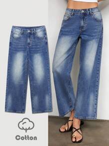 Maija Women's Blue Jeans Low-Rise Straight-Leg Trousers Summer Jeans Retro Baggy Pants - Medium Wash - View 1