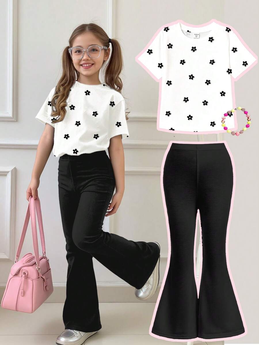SHEIN Leap Crew 2pcs/Set Tween Girl Casual Simple Black & White Floral Short Sleeve Loose T-Shirt + Bell Bottom Pants Set, Suitable For Summer - Multicolor - View 1