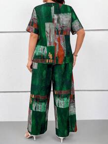 SHEIN LUNE 大码女式复古渐变色印花度假睡衣套装，含短款 V 领上衣和长裤，春夏