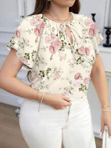 Reflora 优雅玫瑰花朵印花休闲宽松圆领短袖衬衫，适合大码，春夏季 - 米色 - 查看 4