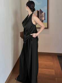 DAZY Women's Solid Color Fashionable Loose Draped Neck Top - Black - View 8